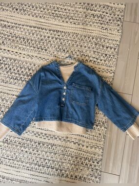 Zara Blue Cropped Denim Pullover with Cream Knit Hem- Two pieces -never worn